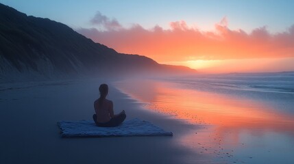 Aufkleber - A person sits cross-legged on a blanket, meditating on a tranquil beach at sunset. The sky is painted in vibrant hues of orange and pink, reflecting on the calm ocean waters.