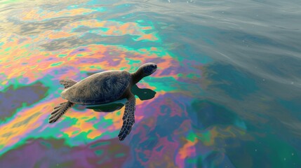 Poster - a lone sea turtle floats helplessly amidst a shimmering oil slick the aftermath of a chemical spill 