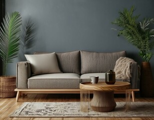 Wall Mural - Cozy Minimalist Living Room Interior with a Sofa and Decorative Coffee Table