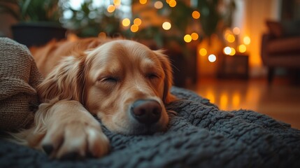 Poster - The golden retriever is stretched out on a knitted blanket, softly dozing amid a warm ambiance created by soft lights in a cozy room, enhancing the serene evening atmosphere.