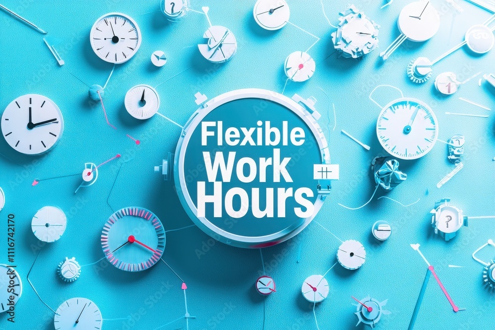 Clocks of different styles and sizes are arranged on a blue background, emphasizing the concept of flexible work hours.