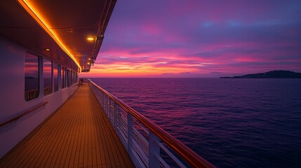 Poster - A captivating sunset illuminates the sky with vibrant colors as viewed from the deck of a cruise ship. The calm ocean reflects the hues, creating a tranquil atmosphere for evening relaxation.