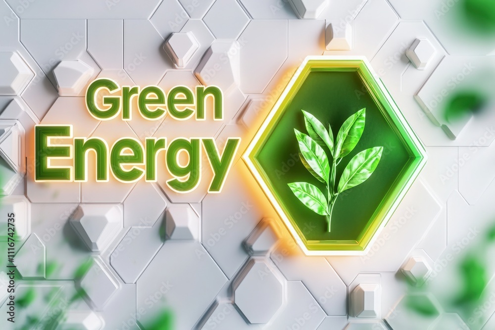 A vibrant design featuring a green hexagon with leaves symbolizes the importance of green energy. The background combines modern textures to emphasize sustainability and eco-friendliness.