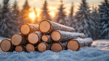 Poster - Brilliant sunlight breaks through the trees, casting a warm glow on a neatly piled stack of logs resting on a snowy forest floor. Snowflakes dance in the air, creating a magical atmosphere