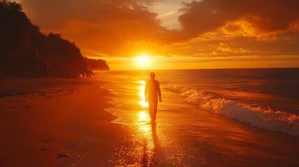 Aufkleber - As the sun sets on the horizon, a lone figure strolls along the sandy beach, surrounded by beautiful orange and gold hues. The calm waves gently lap at their feet.