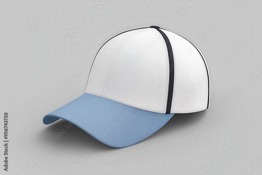 A trendy baseball cap features a white crown and a blue visor, perfect for outdoor activities or casual outings. The design is simple yet fashionable, suitable for various settings.