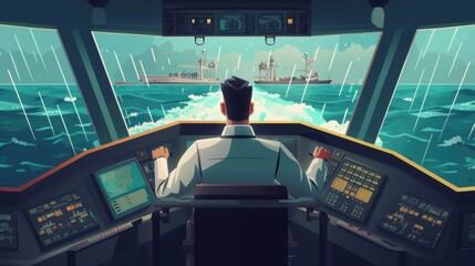Poster - a ship captain on the bridge of a megaship navigating through narrow channels and showcasing the cha