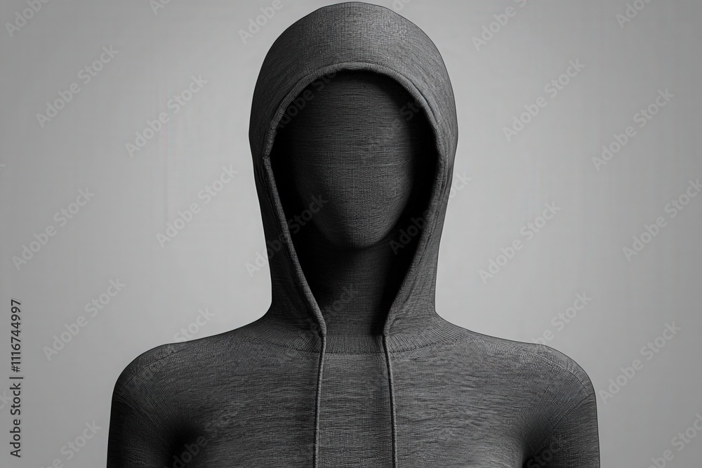 A black hoodie is displayed on a featureless mannequin. The fabric has a textured appearance, emphasizing its modern design. This minimalist display focuses on the garments stylish features.