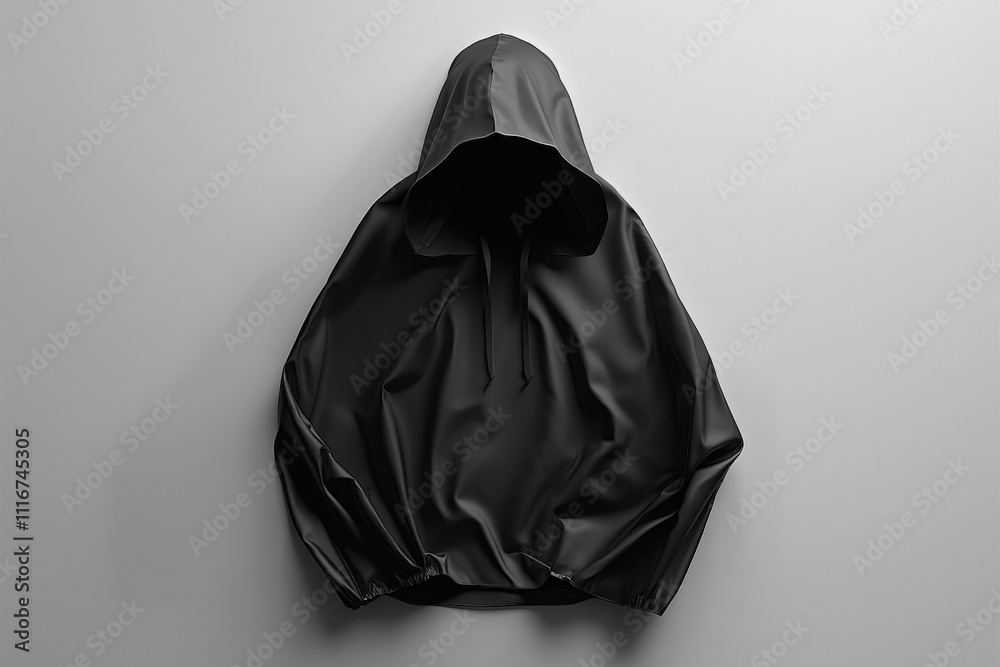 A black hooded jacket is displayed neatly on a light background, emphasizing its simple yet stylish design. The fabric glistens subtly, highlighting its texture and craftsmanship.