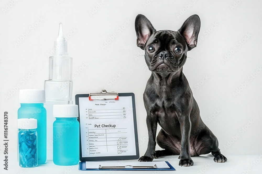 A French Bulldog sits next to blue containers, a syringe, and a clipboard outlining a pet checkup. The setting suggests a veterinary clinic focused on animal health.