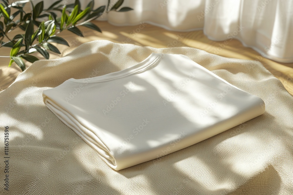 A soft white sweater is carefully folded on a light textured fabric, illuminated by soft natural light filtering through nearby curtains, creating subtle shadows and a cozy ambiance.