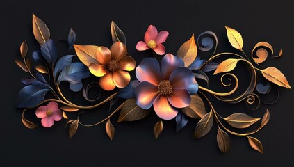 Poster - Colorful floral arrangement with leaves and blossoms in a modern design, featuring intricate details and vibrant hues. Decorative concept for backgrounds or textiles.