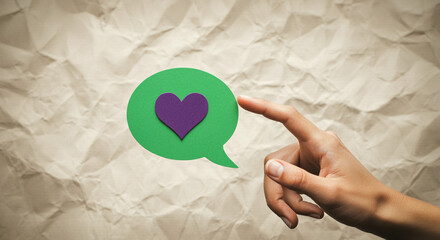 Poster - Hand touching speech bubble with heart symbol conveying love and communication concept