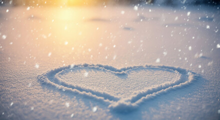 Poster - Heart shape in snow with gentle snowfall and soft light in winter landscape