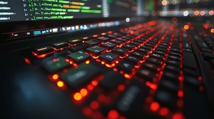 Close up of illuminated gaming keyboard with red backlight and blurred computer screen code in background, technology workspace, programming, coding, gaming setup, modern office environment, digital