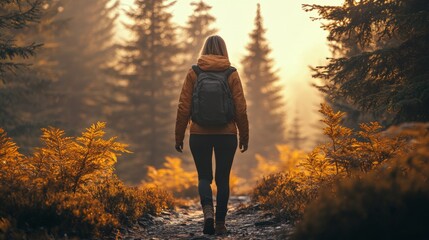 Aufkleber - A woman walks along a winding trail in a forest filled with vibrant autumn colors, surrounded by tall trees during the warm hues of sunset.