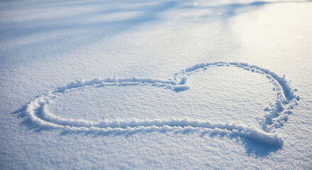 Poster - Heart shape in snow creating a romantic winter scene with soft sunlight