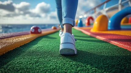 Poster - A person walks on a vibrant deck with blue sky and ocean in the background. The colorful pathway is lined with playful features, creating a lively atmosphere.