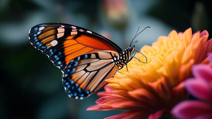 Poster - close up of butterfly resting on vibrant flower, showcasing its colorful wings in serene natural setting