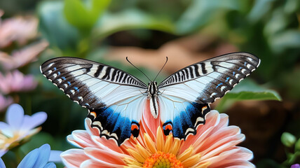 Poster - close up of butterfly with vibrant blue and black wings resting on colorful flower in lush garden