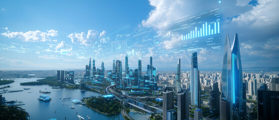 Poster - futuristic cityscape with AI driven business intelligence, digital data overlays, and advanced skyscrapers under bright blue sky