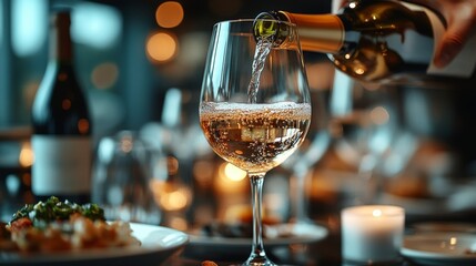 Poster - A hand pours sparkling white wine into a tall glass amid a charming dining atmosphere, complemented by elegant table settings and delicious food.