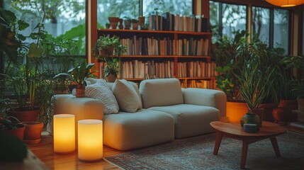 Aufkleber - A stylish living room features a comfortable couch surrounded by lush plants and warm lighting. Shelves hold numerous books, creating a serene atmosphere for relaxation and reading.