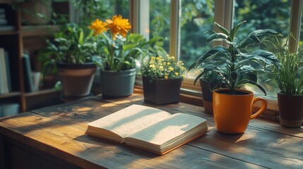 Poster - Sunlight streams through a window onto a wooden table featuring an open book and various potted plants, creating a serene reading environment filled with life.