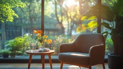 Aufkleber - A cozy living space features a comfortable chair and a small table with a vase of flowers and a glass of water, illuminated by golden sunlight streaming through large windows.