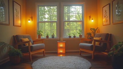 Poster - A peaceful corner features two comfortable chairs, potted plants on window sills, and soft lighting. The warm ambiance invites relaxation in a tranquil home environment.