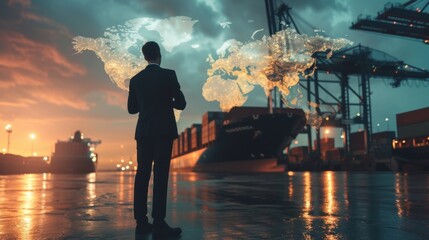 Poster - with a map of global shipping routes in the background an insurance agent explains the vast scope of