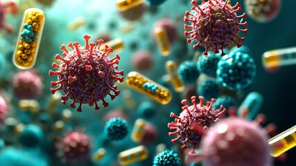 Poster - Detailed visualization of viruses and bacteria in a vibrant scientific illustration