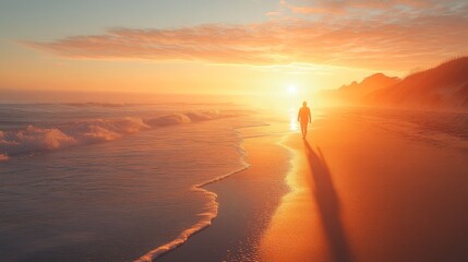 Aufkleber - A solitary figure strolls peacefully on the sandy beach during sunset, the horizon lit up in hues of orange and pink as waves gently lap at the shore.