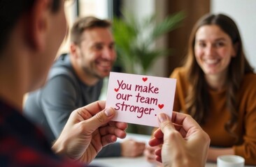 a heartfelt message card being shared in a cheerful office environment, emphasizing teamwork, apprec