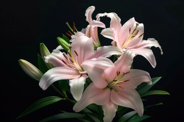 Wall Mural - Beautiful pink lilies arranged elegantly on a dark background, highlighting their delicate petals and vibrant color, perfect for floral compositions and nature themes.