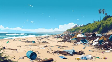 Poster - a garbagestrewn beach serves as a reminder of the devastating impact of improper waste disposal on c