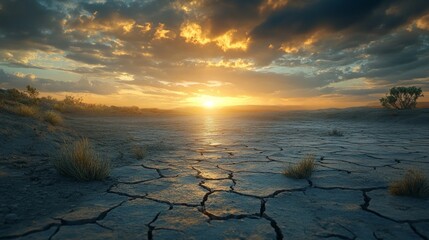 Poster - Golden rays of sunlight spill across the horizon, casting a warm glow over cracked dry earth and sparse vegetation. The serenity of this arid landscape evokes a sense of calm reflection