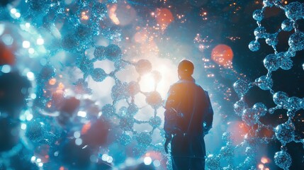 Poster - Futuristic scientist surrounded by floating abstract molecular chains in digital lab