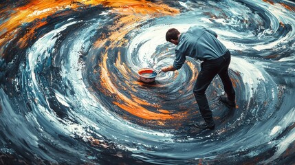 Poster - Dynamic spirals of paint around an artist's sculpture in vibrant abstract expressionism