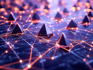 Illuminated pyramids connected by glowing network.