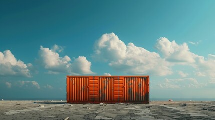Poster - A shipping container stands alone on a deserted beach representing the impact of container shortages on isolated regions of the world.