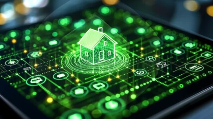 Poster - Green smart home technology displayed on a tablet showcasing digital connectivity features