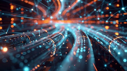 Wall Mural - Network Cables and Connectivity: Detailed view of fiber optic cables and high-speed network connections linking different parts of the data center