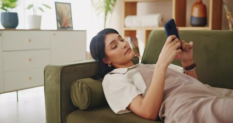 Poster - Search, phone and bored with woman on sofa for social media, networking app and scroll. Connection, tired and online with person and mobile in living room at home for communication, post and chat