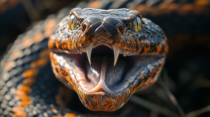Aufkleber - The vivid serpent reveals its open mouth, showcasing lethal fangs while coiled among foliage. Its colorful scales glisten as sunlight filters through branches, enhancing its menacing presence