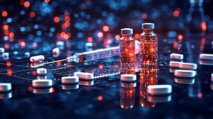 Poster - colorful display of medication vials and tablets on a reflective surface in a dimly lit environment