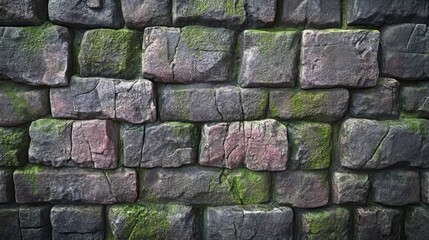 Wall Mural - Stone brick wall with rough texture and subtle moss growth, realistic surface 