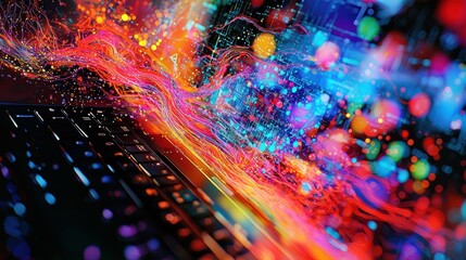 Poster - Exploring dynamic neural network visuals in a programmer's creative tech lab close-up