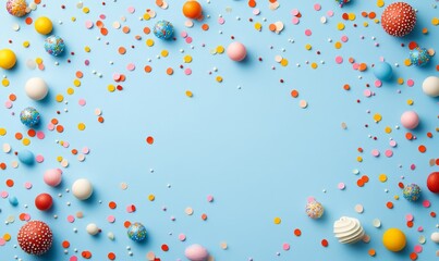 Wall Mural - Various types of confetti scattered over a light blue background with bright dots.