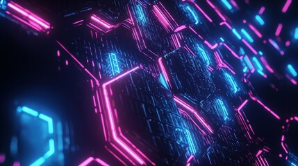 Poster - Close-up of neon blue hexagonal grids in abstract futuristic digital art design
